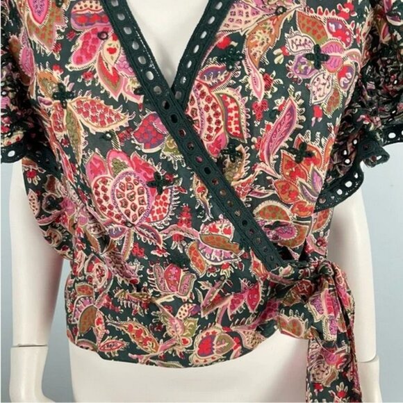 Jennifer Grace Paisley Print Faux Wrap Embroidered Flutter Sleeve Blouse (NWT) - Picture 5 of 13
